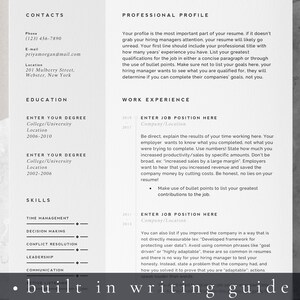 K&ouml;nnte beinhalten: Eine schwarz-wei&szlig;e Lebenslaufvorlage mit dem Text "built in writing guide" am unteren Rand. Der Lebenslauf enth&auml;lt Abschnitte f&uuml;r Kontaktinformationen, Ausbildung, Berufserfahrung und F&auml;higkeiten.