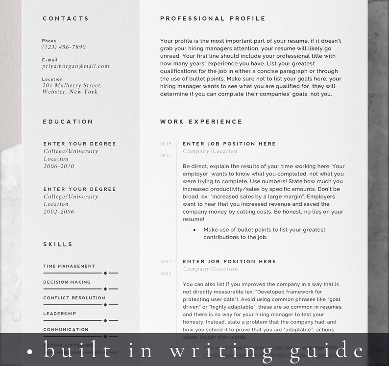 K&ouml;nnte beinhalten: Eine schwarz-wei&szlig;e Lebenslaufvorlage mit dem Text "built in writing guide" am unteren Rand. Der Lebenslauf enth&auml;lt Abschnitte f&uuml;r Kontaktinformationen, Ausbildung, Berufserfahrung und F&auml;higkeiten.