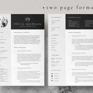 K&ouml;nnte beinhalten: Eine schwarz-wei&szlig;e Lebenslaufvorlage mit dem Namen Priya Morgan, Sales Associate, oben. Der Lebenslauf enth&auml;lt Abschnitte f&uuml;r Kontaktinformationen, berufliches Profil, Ausbildung, Berufserfahrung, F&auml;higkeiten, Leistungen, technische F&auml;higkeiten, Interessen, Sprachen und soziale Medien.