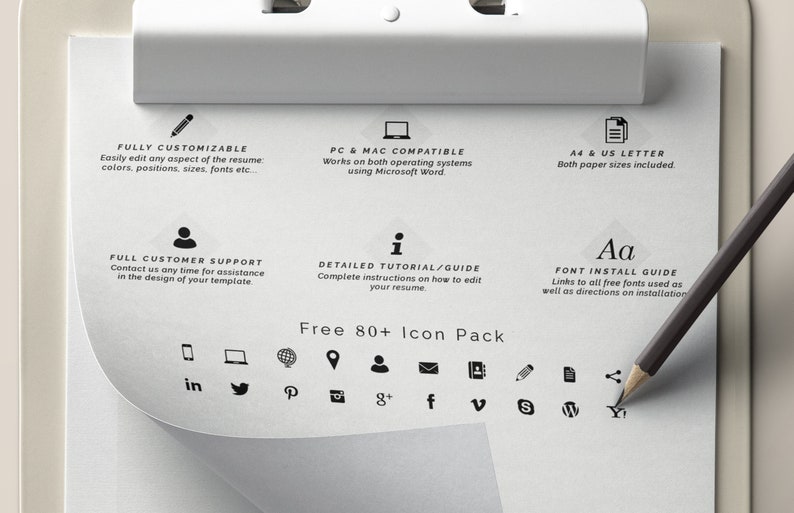 K&ouml;nnte beinhalten: Ein wei&szlig;es Clipboard mit schwarzem Text, der die Funktionen einer Lebenslaufvorlage beschreibt. Der Text beinhaltet "Vollst&auml;ndig anpassbar", "PC & Mac kompatibel", "A4 & US Letter", "Vollst&auml;ndiger Kundensupport", "Detailliertes Tutorial/Leitfaden", "Schriftarten-Installationsanleitung" und "Kostenloses Icon-Paket mit &uuml;ber 80 Icons". Das Clipboard enth&auml;lt au&szlig;erdem einen schwarzen Bleistift und ein Schwarzwei&szlig;-Icon-Paket mit Social-Media-Logos.