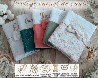 Protège carnet de santé personnalisé avec le prénom brodé - Cadeau de naissance personnalisé - cadeau de baptême - Nombreux coloris