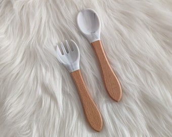 Baby cutlery set, Children's cutlery, wooden and silicone spoon and fork, DME food diversification, Birth gift