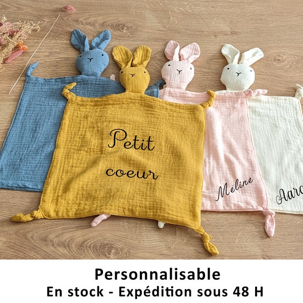 Doudou lapin double gaze personnalisé, doudou plat lange gaze de coton à personnaliser, doudou lapin, doudou bébé