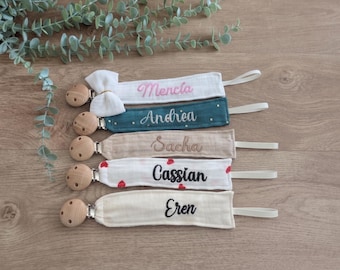 Personalized pacifier clip in cotton gauze with a wooden clip - baby gift