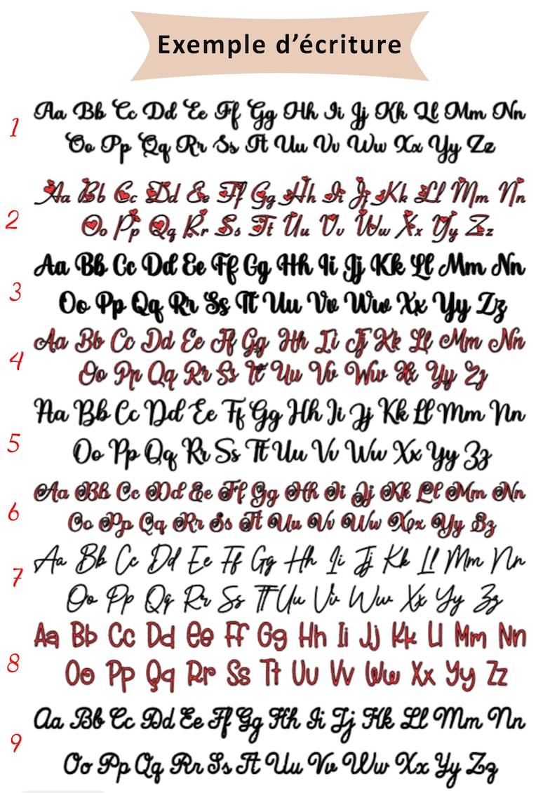 May include: A display of nine cursive font examples, showcasing the alphabet in both upper and lower case. The text "Exemple d'&eacute;criture" is at the top. The fonts vary in style, with some including decorative elements.
