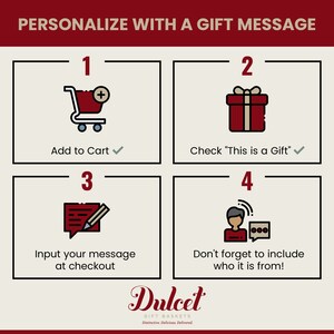 May include: A four-step guide on how to personalize a gift with a message. The steps are illustrated with icons: a shopping cart, a gift box, a notepad with a pencil, and a person with a speech bubble. The text reads: "Personalize with a gift message", "Add to Cart", "Check "This is a Gift"", "Input your message at checkout", "Don't forget to include who it is from!" and "Dulcet Gift Baskets Distinctive. Delicious. Delivered."