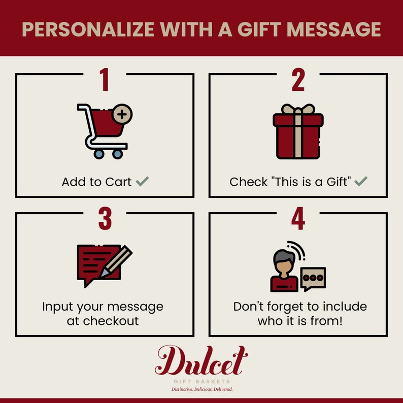 May include: A four-step guide on how to personalize a gift with a message. The steps are illustrated with icons: a shopping cart, a gift box, a notepad with a pencil, and a person with a speech bubble. The text reads: "Personalize with a gift message", "Add to Cart", "Check "This is a Gift"", "Input your message at checkout", "Don't forget to include who it is from!" and "Dulcet Gift Baskets Distinctive. Delicious. Delivered."