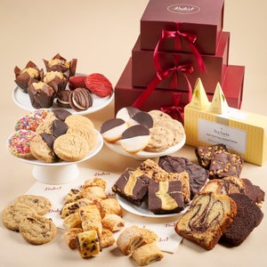 Dulcets Ultimate Pastry and Tea Party Gift Tower Basket -Cookies, Brownies, Muffins, Rugelah, Tea and More for Holidays, Birthday & Sympathy