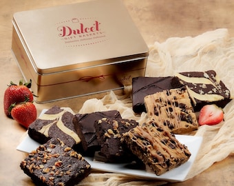 Dulcets Chocolate Fudge Brownie Assortment Gift Tin -Fresh Baked Snack –including Cheese -Walnut -Fudge-Chocolate Chip- Men, Women or Client