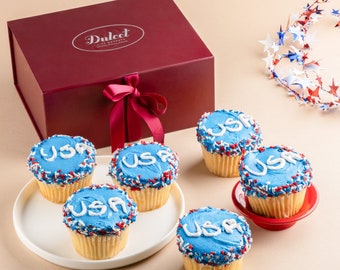 Dulcets Patriotic Red, White and Blue Stars and Stripes Frosted Vanilla Cupcake Assortment Gift Box great for Friends, Him, Her, and Family