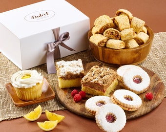 Assorted Desserts Gift Basket | New Parents Gift | Thinking of You | Dusted Linzer Cookies | Assorted Rugelah | Coconut Cupcake
