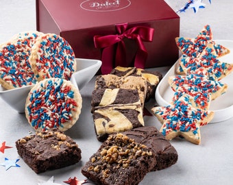Dulcets Red, Blue White Patriotic Cookie and Fudge Brownie Gift Box - For Memorial Day, July 4, Labor Day or Independence Day- Boy or Girl