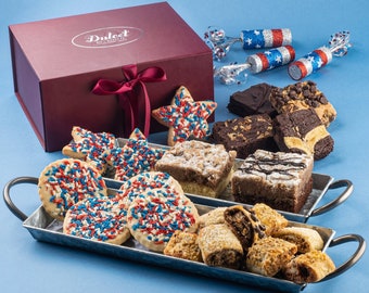 Dulcets Patriotic Red, Blue and White Cookie, Fudge Brownie Gift Basket- Ideal for Memorial Day, July 4, Independence Day or Labor Day