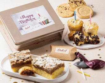 Gourmet Birthday Dessert Tin | Happy Birthday Dessert Sampler Gift Box | DIY Birthday Party | Candles + Balloons | Bakery Style Cookies