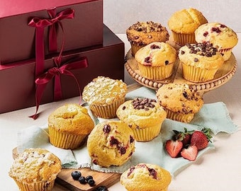 Dulcet Muffins Bakery Fresh – 2-Tier Jumbo Muffin Assortment Gift Baskets – Deluxe Food Gift Basket with Assorted Flavor Muffins