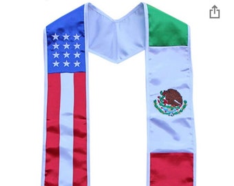 Mexican American Graduation Stole Sash Mexico Embroidered Silk Flag Scarf