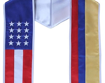 Colombia and USA Graduation Stole Sash Embroidered Silk Flag Scarf International Graduate