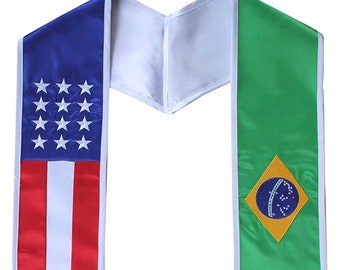 Brazil and USA Graduation Stole Sash Embroidered Silk Flag Scarf International Graduate