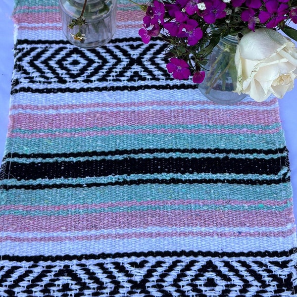 Light Pink & Mint Mexican Blanket Table Runner for Fiesta, Weddings, Showers, Cinco de Mayo