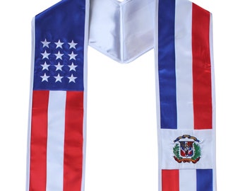 DOMINICAN REPUBLIC American Combo USA Graduation Stole Sash Embroidered Silk Flag Scarf