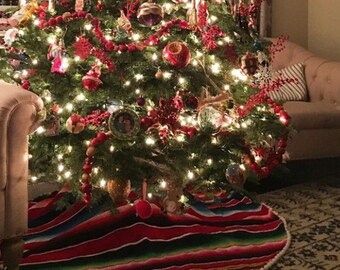 Mexican Serape Blanket Round Christmas Tree Skirt with Pom Pom