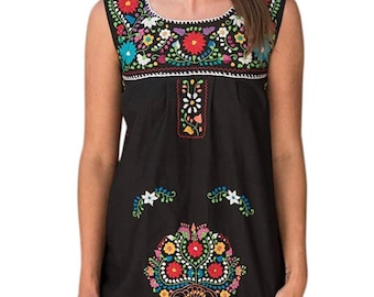 Hand Embroidered Mexican Floral Sleeveless above the knee Dress