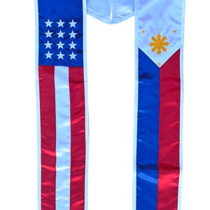 Philippines and USA Graduation Stole Sash Embroidered Silk Flag Scarf International Graduate