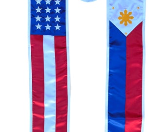 Philippines and USA Graduation Stole Sash Embroidered Silk Flag Scarf International Graduate