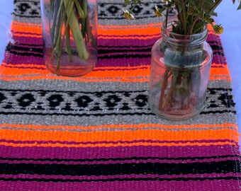 Bright Florescent Orange/Tan/Purple Mexican Blanket Table Runner for Fiesta, Weddings, Showers, Cinco de Mayo