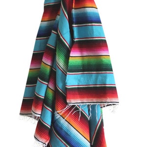 Medium size Mexican Sarape Beach Picnic Serape Blanket 76 by 36 Turquoise