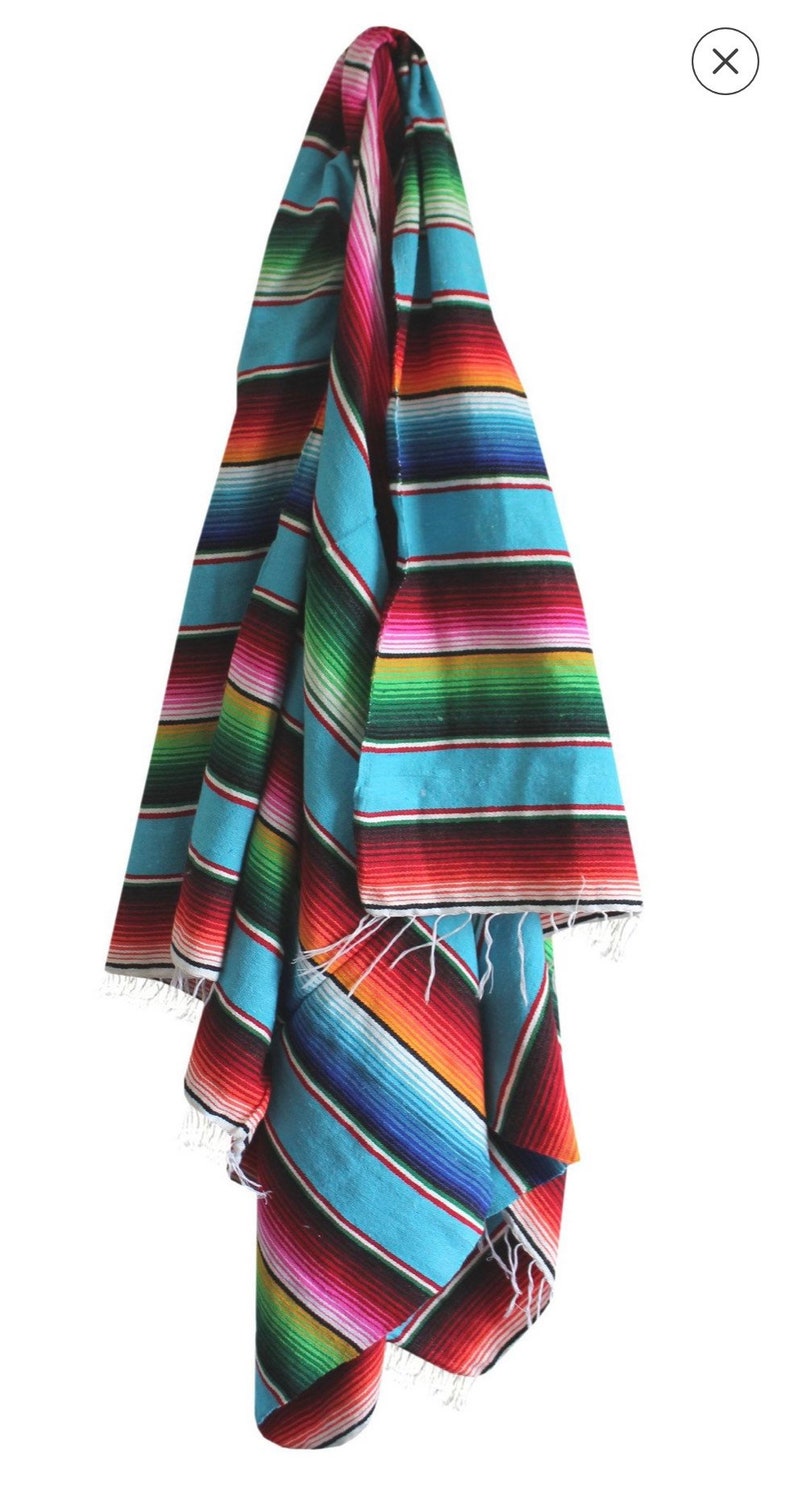 Medium size Mexican Sarape Beach Picnic Serape Blanket 76 by 36 Turquoise