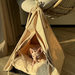 Beige hammock for cat, cat tent, pet tipi bed, pet teepee, cozy cat bed, pet hideaway, pet owner gift, housewarming gift, pet lover gift