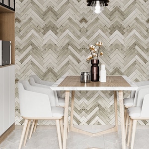 Woodland Aspen Rustic Peel and Stick Wallpaper Panel - Beige, Gray Herringbone Faux Wood - Water-Resistant Vinyl Canvas