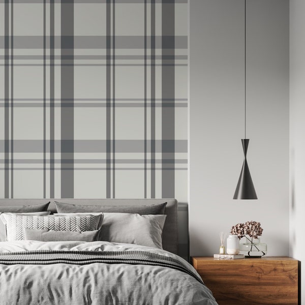 Urban Plaid Modern Farmhouse Peel and Stick Wallpaper - Gray Modern Plaid - Water-Resistant Embossed Vinyl Canvas