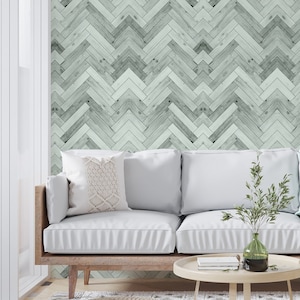 Woodland Sage Farmhouse Peel and Stick Wallpaper - Green Herringbone Faux Wood - Water-Resistant Embossed Vinyl Canvas