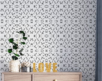 Seashells Modern Farmhouse Peel and Stick Wallpaper - Gray Floral Geometric - Water-Resistant Embossed Vinyl Canvas