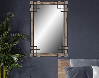 Rustic Overlay Decorative Large Wall Mirror - Reclaimed Wood with Black Iron Overlay