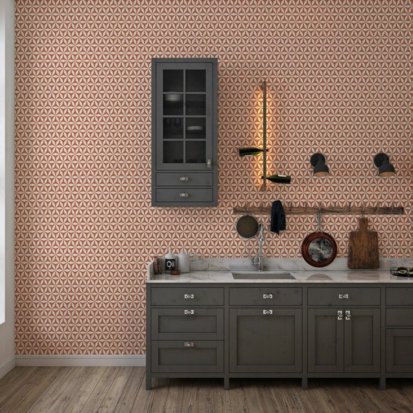 Origami 3D Mid-Century Peel and Stick Wallpaper - Terracotta Orange & White Geometric - Water-Resistant Embossed Vinyl Canvas