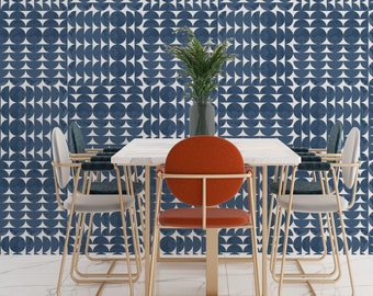 Coordinates Gray, Blue Peel and Stick Wallpaper Panel  - Mid-Century Geometric  - Water-Resistant Embossed Vinyl Canvas