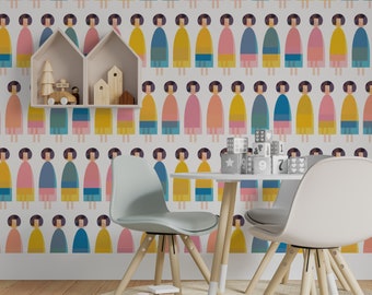 Dolls Peel and Stick Wallpaper - Multi-Colored Modern Kid- Water-Resistant Embossed Vinyl Canvas