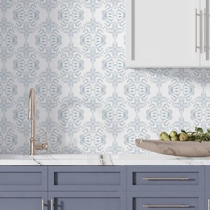 Dragon French Country Peel and Stick Wallpaper - Light Blue Medallion - Water-Resistant Embossed Vinyl Canvas
