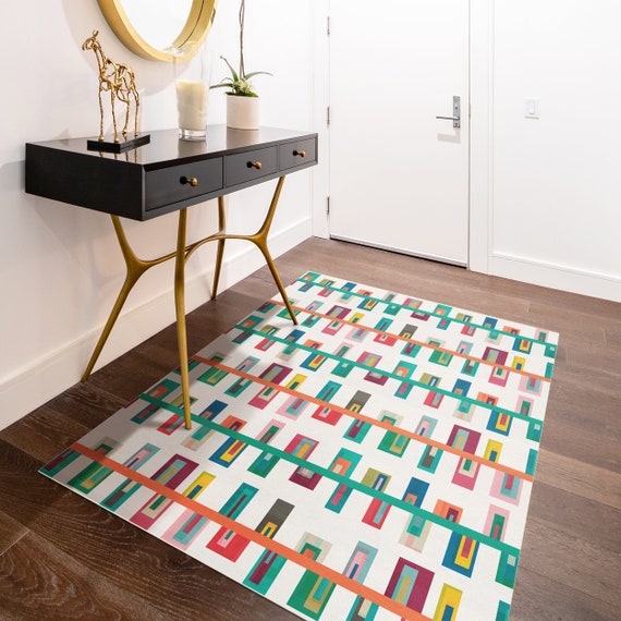 Keep Climbing Versatile Indoor/outdoor Washable Rug Mid-century Multi-color  Striped Vinyl With Non-slip Backing 