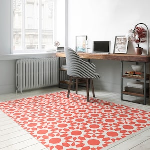 Tan Lines Indoor/Outdoor Washable Floor Covering - Orange, Coral Mid-Century Geometric - 2-Ply Vinyl with Non-Slip Latex Backing