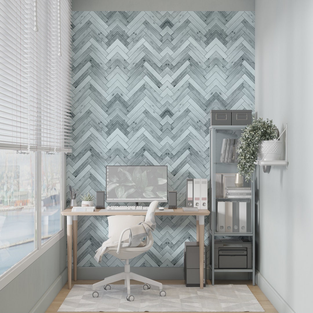 Woodland Ridge Farmhouse Peel and Stick Wallpaper Blue Herringbone Faux