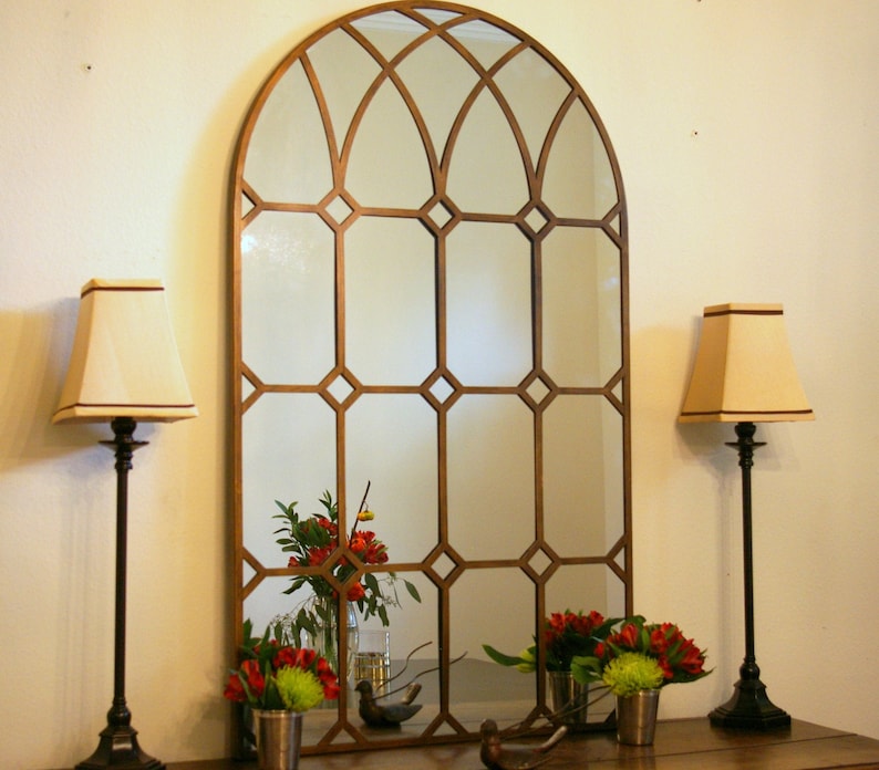 Cathedral Style Arched Window Pane Mirror Bronze Metal Frame Etsy