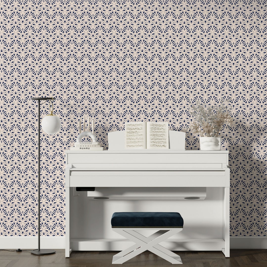 Morocco French Country Peel and Stick Wallpaper Panel Navy, White