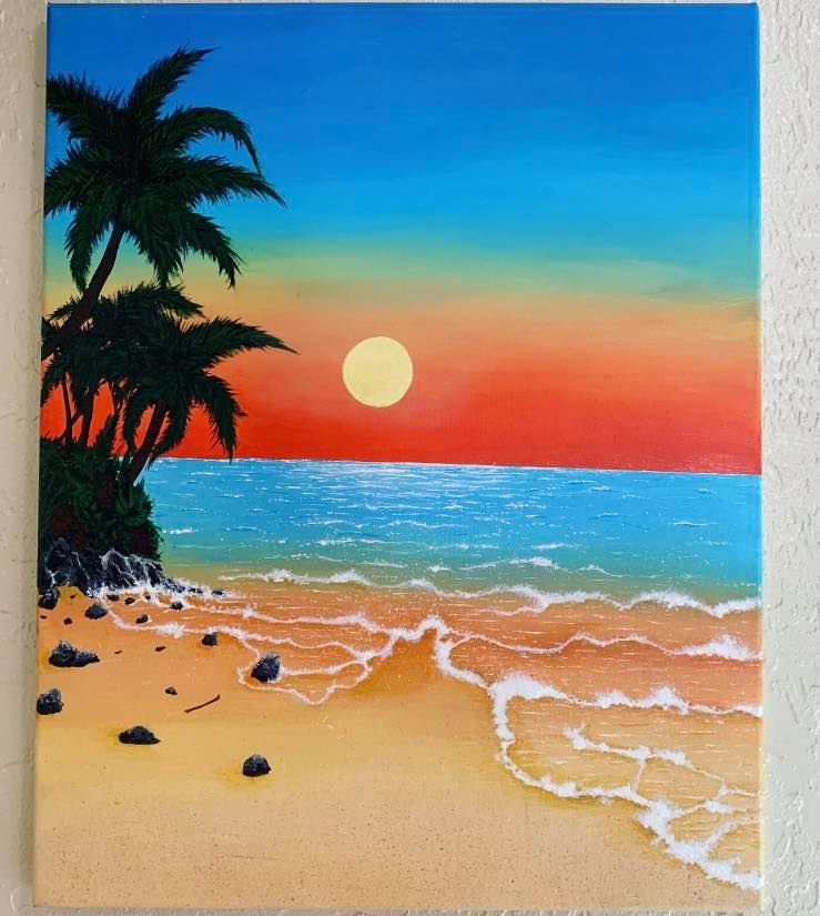Vibrant Tropical Beach Sunset Original Acrylic Painting