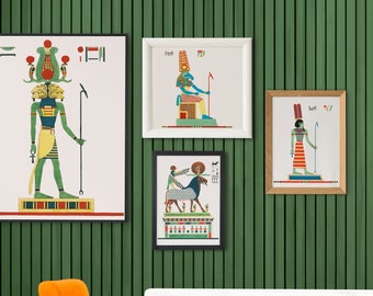 Gallery Print Set of 7, Amun-ra illustration, Ancient Egyptian Decor, Egypt Pyramid, Hieroglyphics Carving, HIGH RESOLUTION