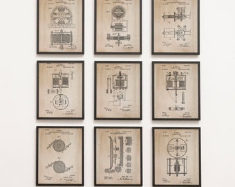 Set of 9, NikolaTesla Inventions, Patent Art, Electrician Gift, Vintage Blueprint, Industrial Art, Office Wall Decor