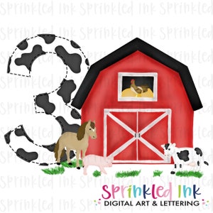 Watercolor PNG -RED- THREE- Barnyard Farm Animals Birthday Download File